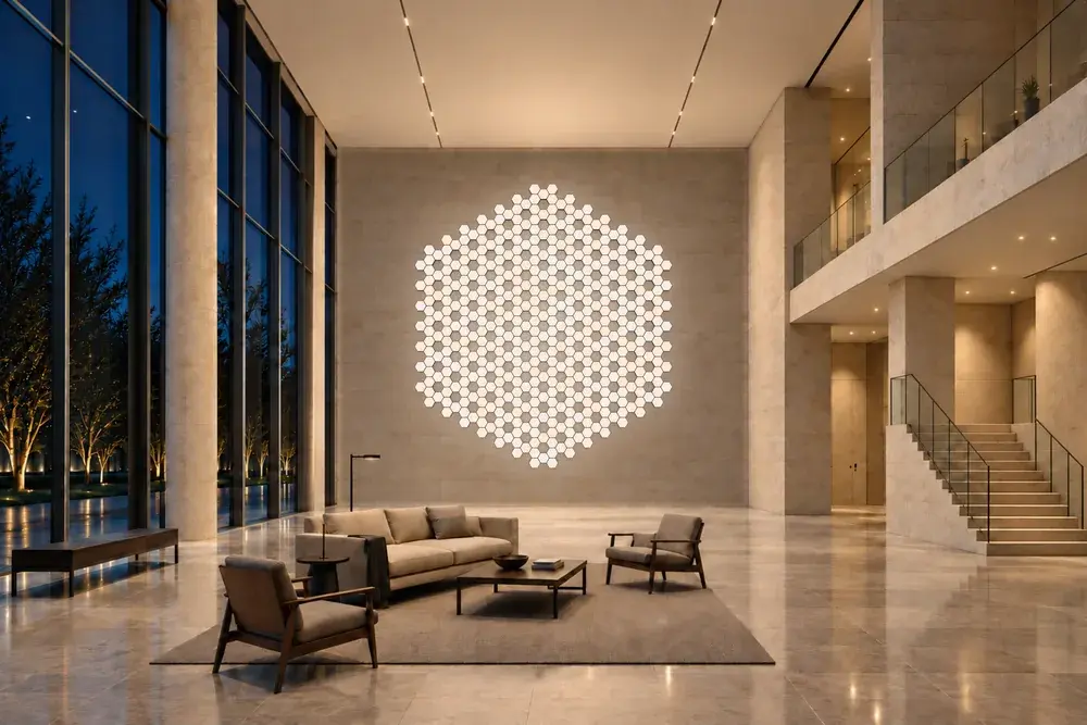 Tesel array of hexagonal tiles forming one large hexagon on the stone wall of a double-height lobby at dusk