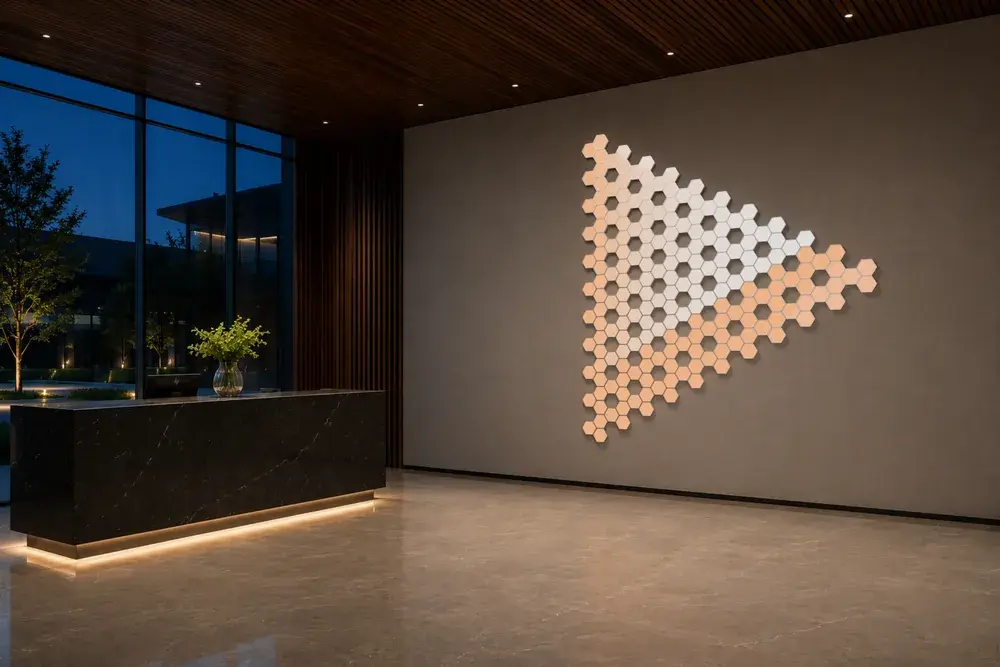 Triangular Tesel array of hexagonal tiles on the wall behind a dark stone reception desk, shading from warm to cool at dusk